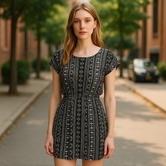 Pink Republic Dresses & Skirts - Pink Republic Skater Dress Sz Small Black White Geometric Bar‎ Back Rayon Casual